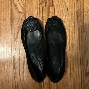 Tory Burch peep toe black leather wedges